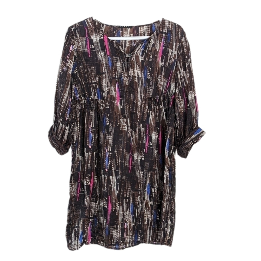 Sisley abstract print silk mini dress long sleeve Small @u